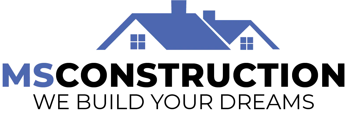 The logo of MS Construction features a stylised house outline in blue above the initials of MS in blue.